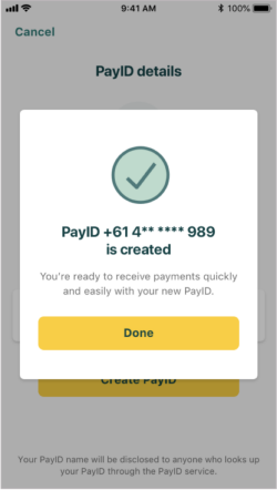 Mobile app PayID creation screen