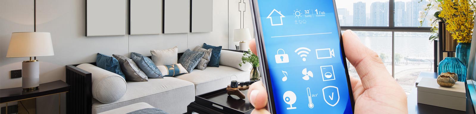 Man holding smartphone in living room