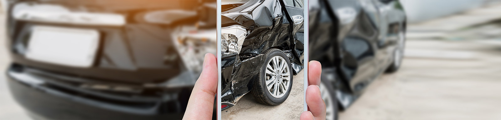 Hands with smartphone taking a photo of a damaged car