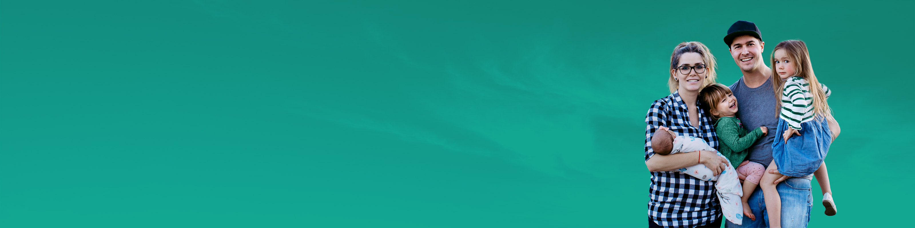 a family of five on green background