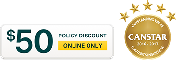 $50 policy discount online only badge with Canstar 2015-2017 badge for content insurance outstanding value