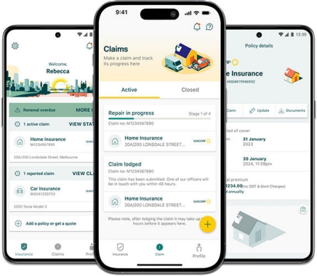 Three smartphones display screens from the Suncorp app