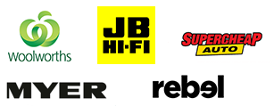 Customer support benefits logos. Woolworths, JBHiFi, Myer, Supercheap Auto, Rebel
