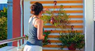 Woman hanging plants on a balcony