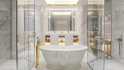 bathroom with gold fixtures