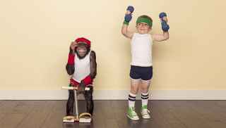 Boy and chimp workout